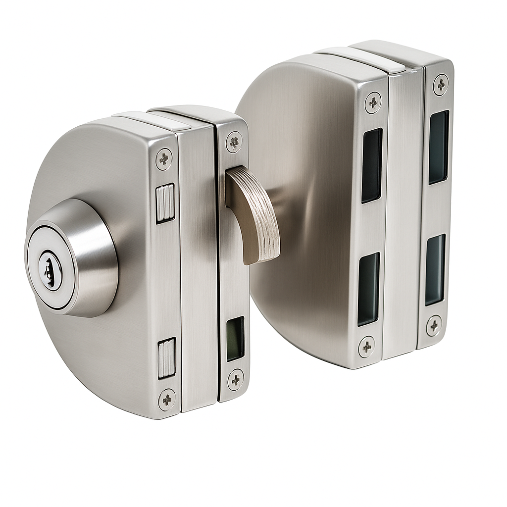 Încuietoare aplicată  (sticla-sticla)  cheie-buton cu contraplaca